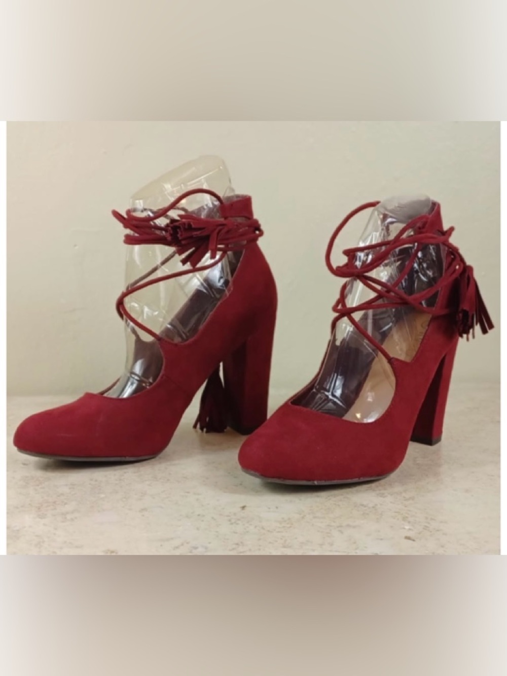 Rouge Helium Red Suede Lace-Up Block Heel Pumps - Picture 1 of 8